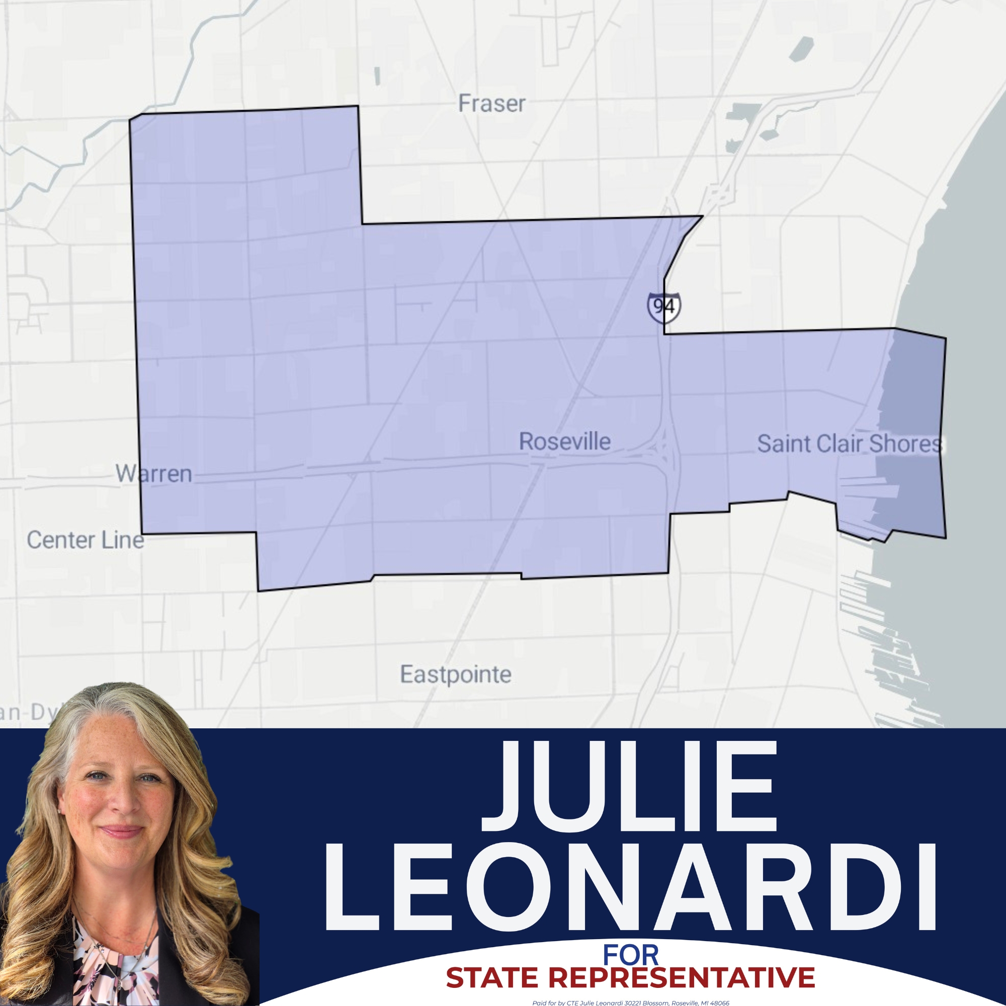 Michigan House District 13 map showing Warren, Roseville, Fraser, and Saint Clair Shores